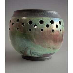 Raku Iridescent Studio Pottery Vase Vessel BO ANDERSON Signed Green Decorative
